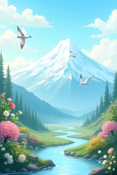 Mountain, river, flowers, three birds 