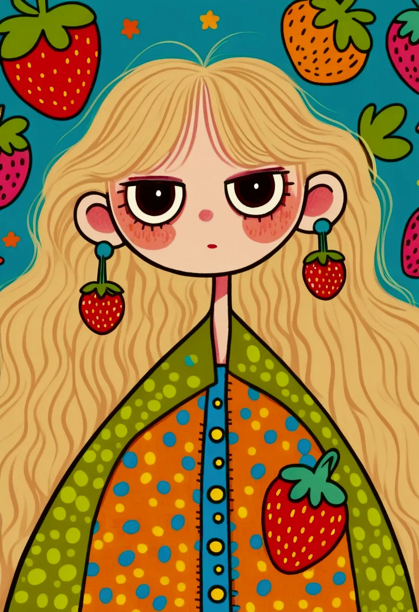 cartoon girl with long blond hair and a strawberry print jacket,  colorful l illustration, round eyes， colorful  illustration,  ...