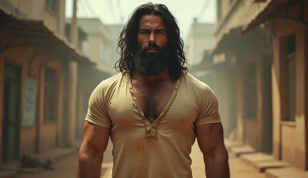 Flashes of RockyA muscular man with long black hair and a thick beard stands in a weathered, dusty environment. He wears a tight-fitting, dirty beige t-shirt, with a deep V-neck and visible stitching. rise in the Mumbai underworld, gritty street fights, hi...