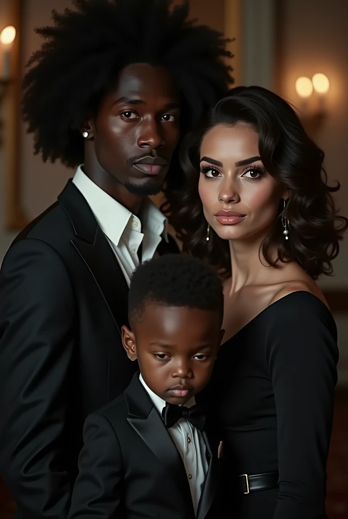 Book cover. mysterious and romantic tone , Dark Tom. Black man with curly black power hair looking a bit sad ,  serious and very chic white woman with brown hair and a 4-year-old black boy. All wearing elegant and well-behaved clothes and social and dark.