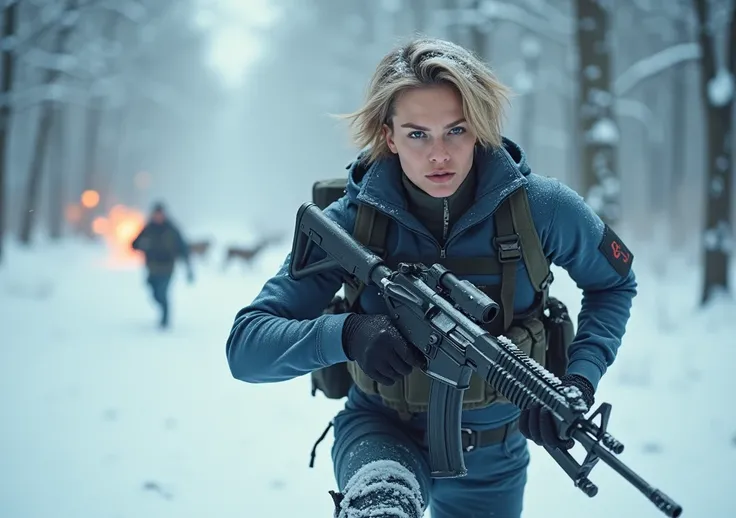 "A French soldier ,  of fair skin and short hair that frames her face ,  in a scene of intense war in a snow-covered environment .  She wears a tactical uniform in shades of navy blue and white ,  with its slightly unbuttoned jacket and a fitted t-shirt un...