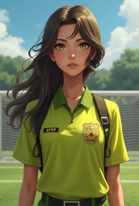  Beautiful girl with long wavy hair, dressed as an archer in a lemon-green uniform facing three opposing forwards alone, The badge on her uniform is large and says : "AFVP "  She is facing the viewer ,  behind it you can see the soccer goal  