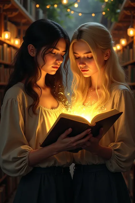 two girls ( a black-haired woman and a blonde )  in a bookstore with a book in her hand which emits a bright golden light 