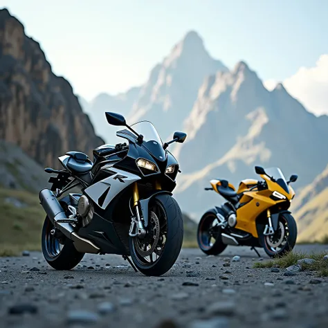 One bmw s1000 RR in black and white color and Ducati bike in yellow color stand in a mountain area