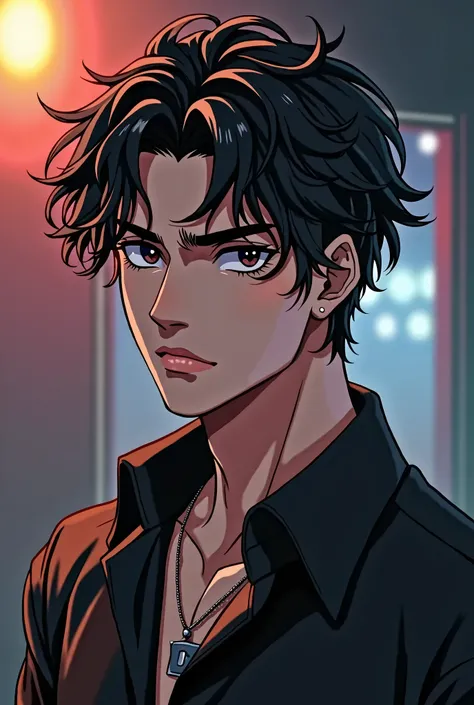 A very handsome man, a little serious,  black hair ,  dark brown eye color, casual clothes, A slight appearance of a bad boy.  The anime-style image 