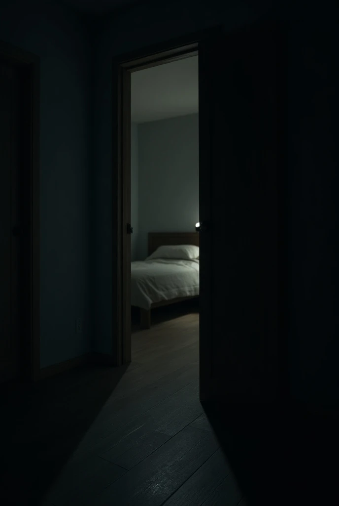 A dark apartment at night. The focus is on a wooden door, slightly ajar, revealing a dim hallway beyond. A soft glow from a nearby lamp casts long shadows across the room, creating an eerie atmosphere. The hallway outside the door is empty, with only faint...