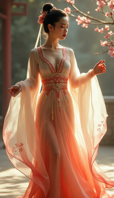 masterpiece， one girl，Oriental women dressed in Chinese style dresses dance gracefully, An Extraordinary Beauty  ,  China dress , Hanfu,  Beautiful Asian Woman , Beautiful young Asian woman