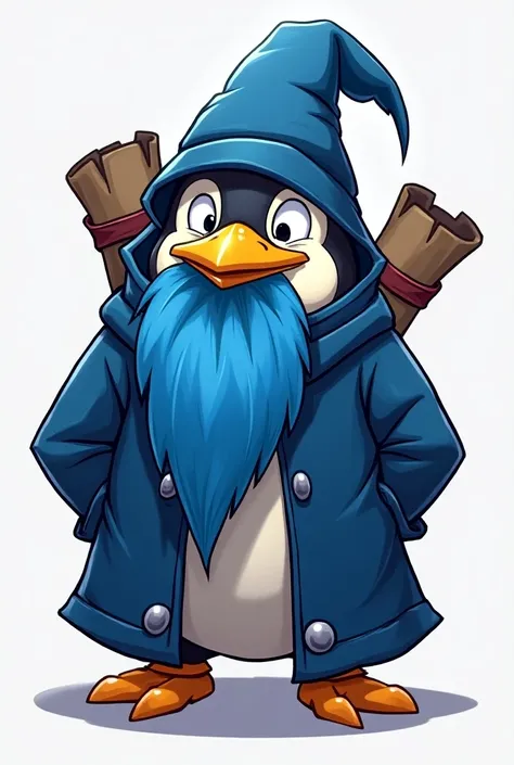 Cartoon 2D image . A penguin disguised as  "Ryze " de League of Legends.with shades of blue , beard and scrolls on its back.( With all the black or white background ) bald