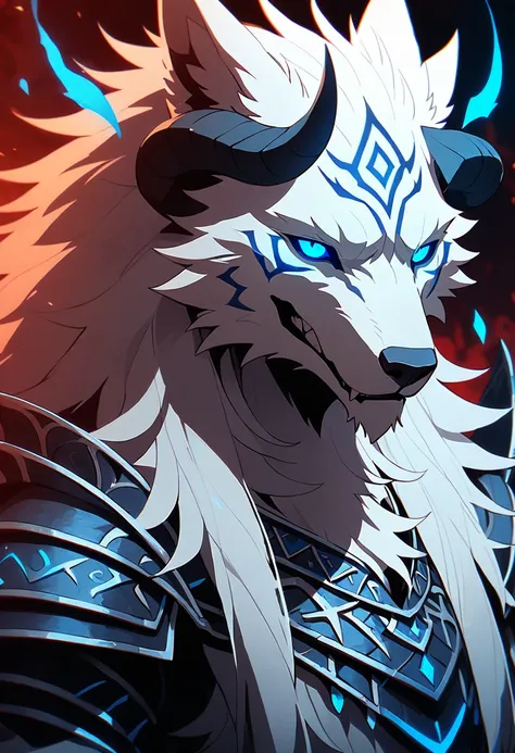 handsome demonic anthropomorphic white wolf in black wolf armor, black goat horns, glowing blue demon eyes, white fur, black tribal markings on white fur, furry anime art, medieval, dark fantasy, light novel art, detailed fur, furry