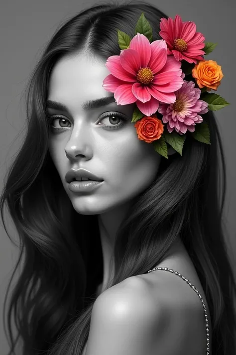 A woman with long, voluminous hair, styled asymmetrically, with a vibrant bouquet of flowers growing directly from her left eye, covering it delicately. The flowers are colorful, lush, and intricate, with petals overlapping to naturally conceal her left ey...