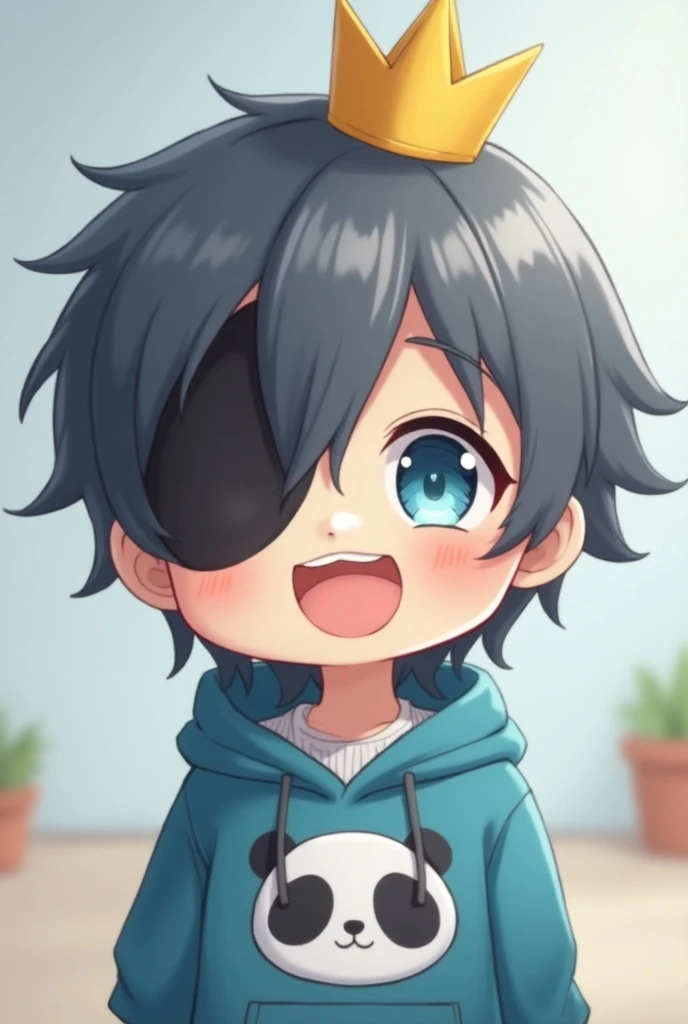 make a cute chibi anime boy character wearing blue hoodie, with panda face symbol in chest, and dark grey colour hair with wearing a crown, and one eye colour is aqua blue with half of the face is shaded black, while the other half face is bright skin tone...