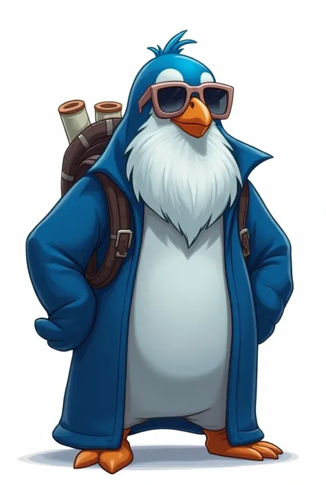 Cartoon 2D image . A penguin disguised as  "Ryze " de League of Legends.with shades of blue , beard and scrolls on its back.( With all the black or white background ) peeled and without a hood