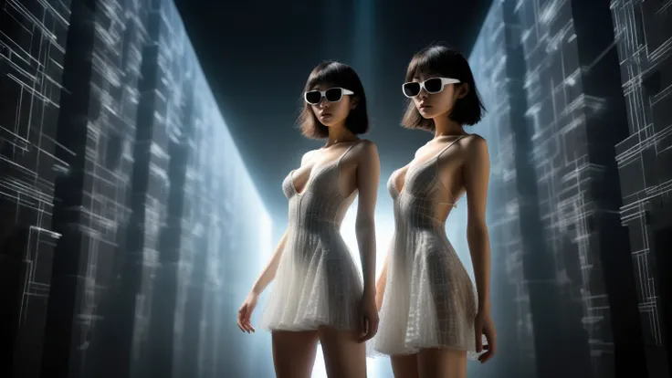 (Wide and low angle view). Ryoji Ikeda Style, fantasy arts, cube portal with maze walls, (flying cars), a sci-fi scene in the dark background. A woman, (wearing a transparent:0.8 ivory flowing stunning sleeveless sling backless deep-v one-piece short:0.1 l...