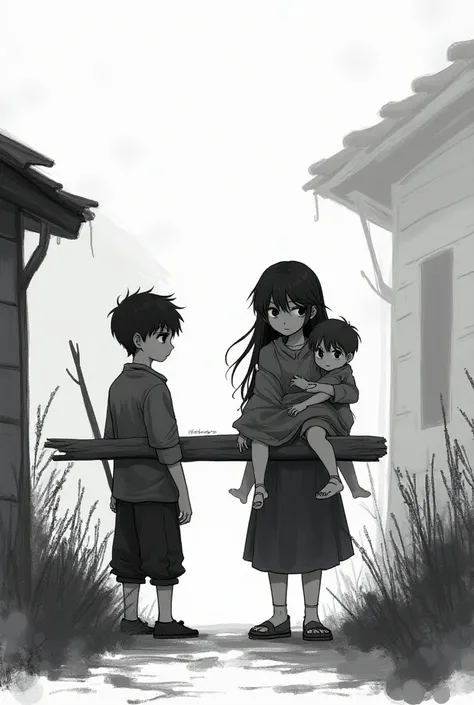 a boy with wood in his hands and a girl who carries a boy in African arms alone in a black and white house