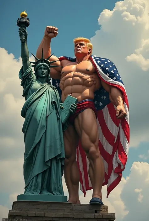 Muscular Donald Trump with a cover of the United States flag raising the gigantic Statue of Liberty with both arms. 