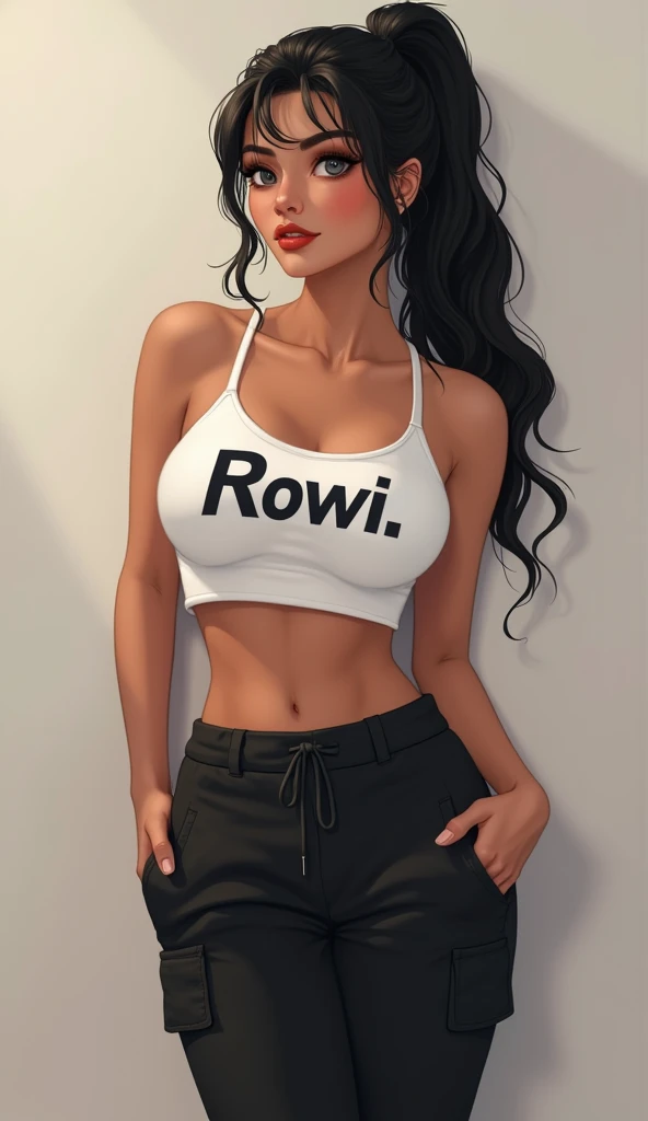  a girl,  black hair ,  ponytail, breasts, large breasts,  red lips,   seductive smile  ,  a girl, Kiss 
girl : 
1. face shape: oval face,  which means that the length is slightly longer than the width , and the jaw is somewhat narrower than the cheekbones...