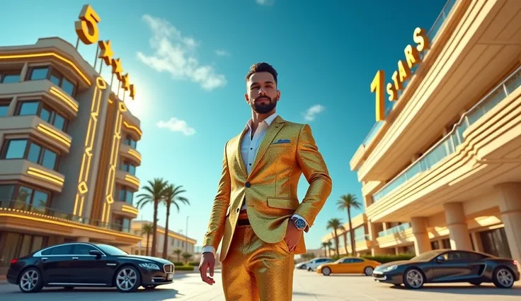 "Create an image featuring a person in a golden suit standing in the foreground, smiling confidently. Behind them, there is a grand, luxurious 5-star hotel on the left side, showcasing elegant architecture with golden accents and a luxury car parked in fro...