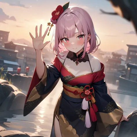 girl, mori calliope (new year), hololive, solo, looking at viewer, outdoors, cinematic angle, waving, masterpiece, best quality, very aesthetic, absurdres