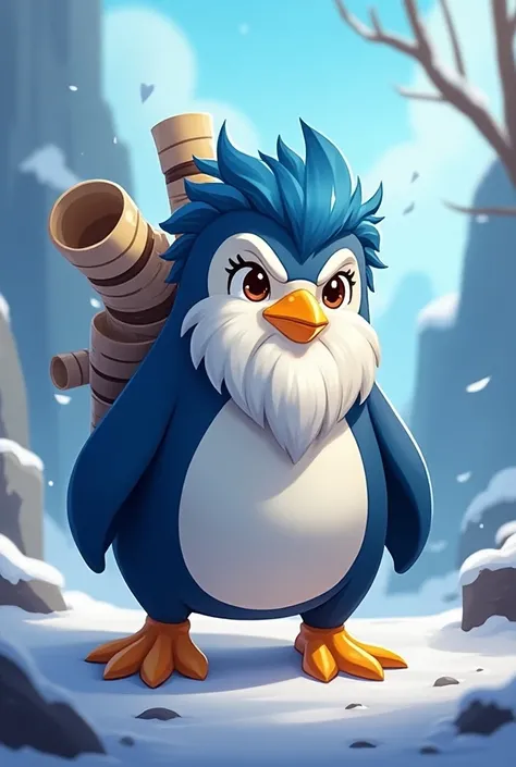 Cartoon 2D image .Penguin that is very similar to the character Ryze from League of Legend. With his scrolls on his back . shades of blue ,his beard and hair  