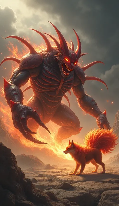 Imagine a dynamic scene where a creature inspired by Kurama, the Nine-Tails fox from Naruto, faces off against a scorpion. Kurama is depicted with his nine flowing tails, radiating a fiery orange aura, his intense red eyes focused and determined. Across fr...