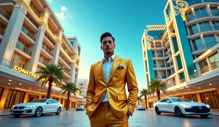 "Create an image featuring a person in a golden suit standing in the foreground, smiling confidently. Behind them, there is a grand, luxurious 5-star hotel on the left side, showcasing elegant architecture with golden accents and a luxury car parked in fro...