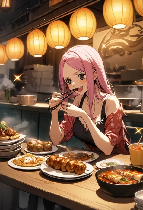 1girl, jewelry bonney, one piece,Street food ,warm evening lighting. in casual autumn fashion sits at a long table enthusiastically eating, known for her legendary appetite. In front of her: multiple large dishes actively being devoured - steaming yakitori...