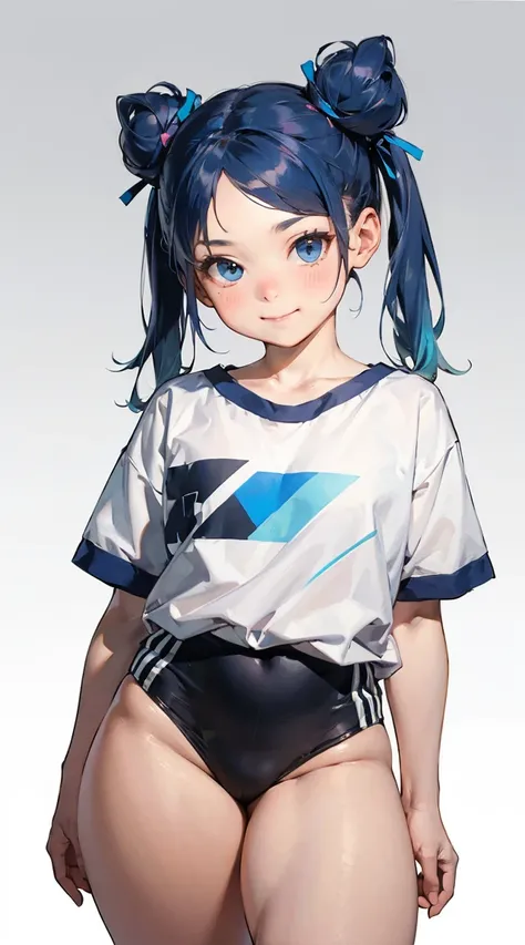 ,,Little Loli Girl, Twin Hair buns, Short Length Twintails,  Blue Hair with White Gradient, Blue Eyes, Smug, (thick thighs),