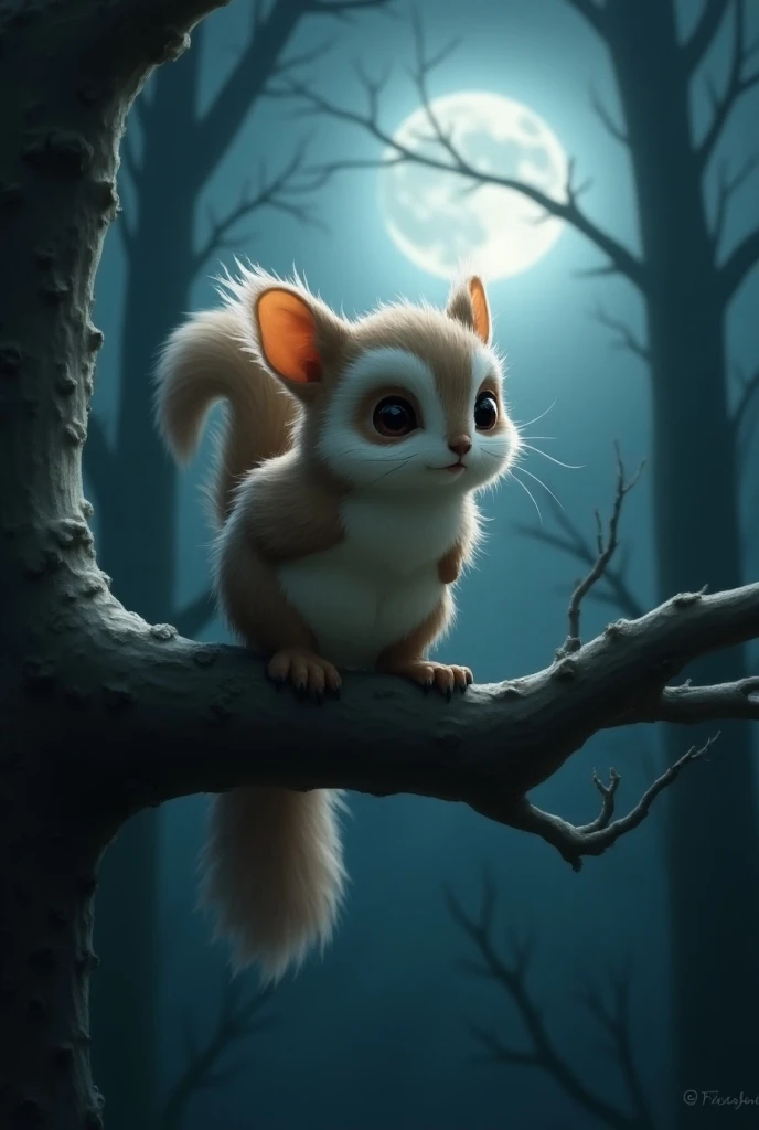 "Imagine a unique hybrid creature that combines features of a squirrel and an owl. It has the small, agile body and bushy tail of a squirrel, covered in soft feathers rather than fur, with feathered wings that allow it to glide gracefully between trees. It...