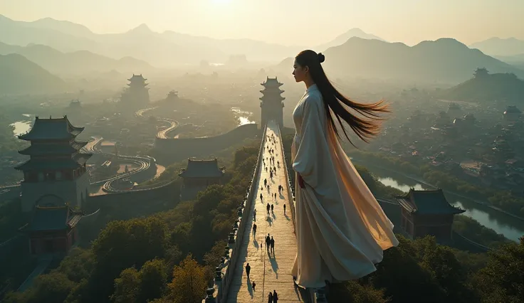 
A birds eye view of a giantess (100 meters tall) leaning over ancient city wall, (aerial perspective:1.4), her body towers over the sprawling cityscape below, (vast scale difference:1.3), complete city view within walls, top-down composition, (panoramic v...