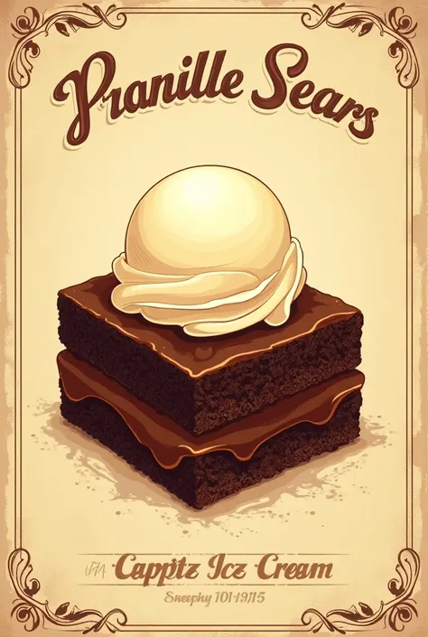 Advertisement for the sale of brownies with vanilla ice cream retro style
