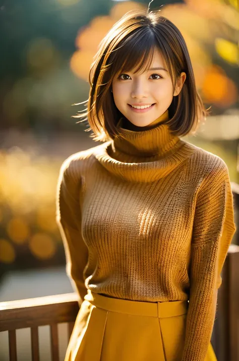 (8k, RAW photo, photorealistic, HQ, masterpiece), a cute Japanese woman, (glowing eyes), 
(shy Smile), brown hair, very short bob, (Autumn Stylish clothes), (turtleneck wool sweater:1.4), (skirt:1.4), large breasts, (Autumn cafe terrace in the forest), 
bl...