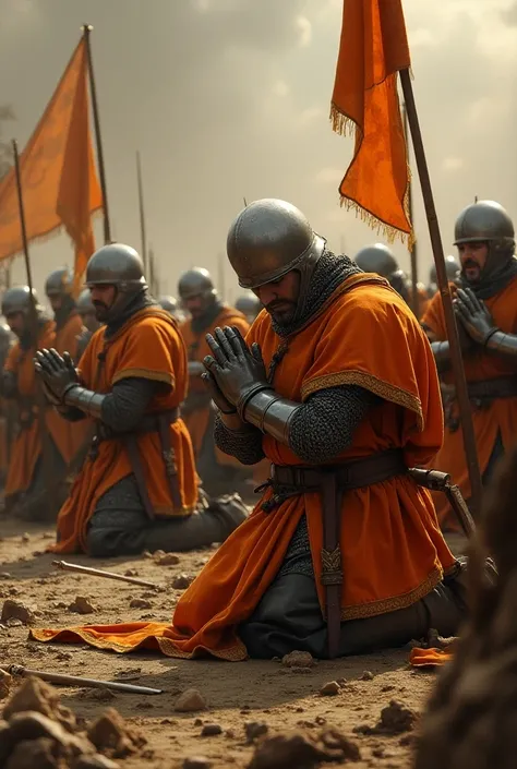 Army of British knights dressed in orange armor kneel begging for surrender 