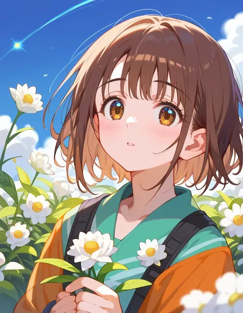 Brown Hair、 anime girl with white flowers on her head ,  Another close-up of Iwakura , Sayori, ( ( ( Akira Yoshinari  ) ) ),   cute girl anime visual  ,   Kyoto Animation  stills,  Another close-up of Iwakura ,  electromagnetic cannon ,   Kyoto Animation ,...