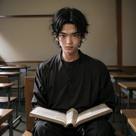 solo, solo focus,(15years old),japanese boy,short black hair,serious expression, holding a textbook,some classmates in the class...