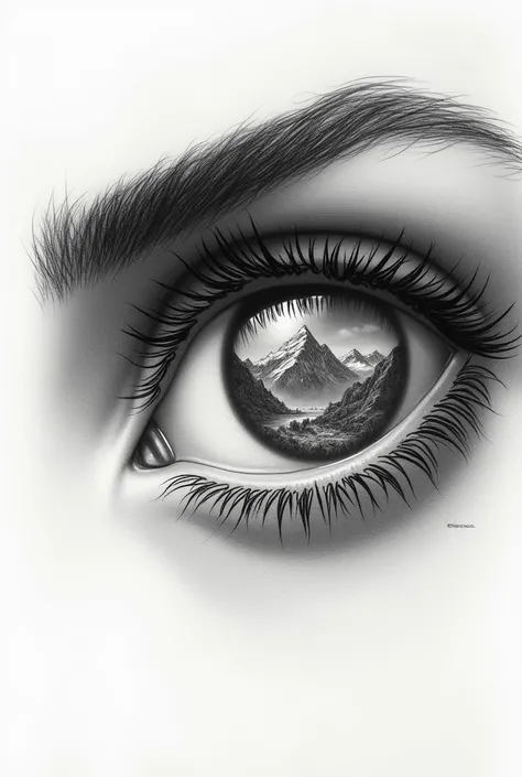 I want a hand-drawn eye made only with graphite. Reflecting a mountain landscape 