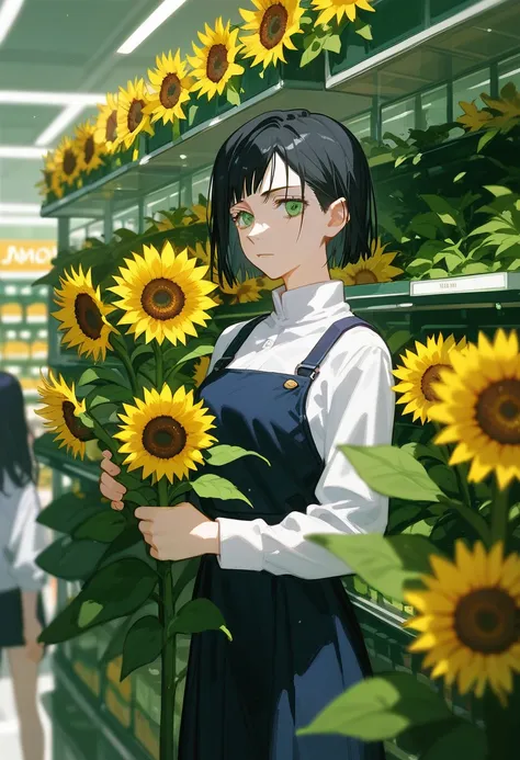 Create an anime cartoon jujutsu kaisen , Teenage women, Black hair with green inside, wolf cut, green eyes, height 160, infj,  holding sunflower flowers in front of a flower shop