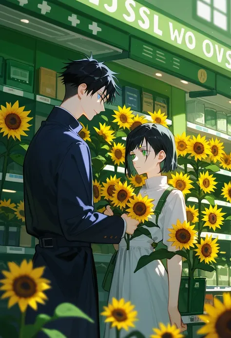 Create an anime cartoon jujutsu kaisen , Teenage women, Black hair with green inside, wolf cut, green eyes, height 160, infj,  holding sunflower flowers in front of a flower shop