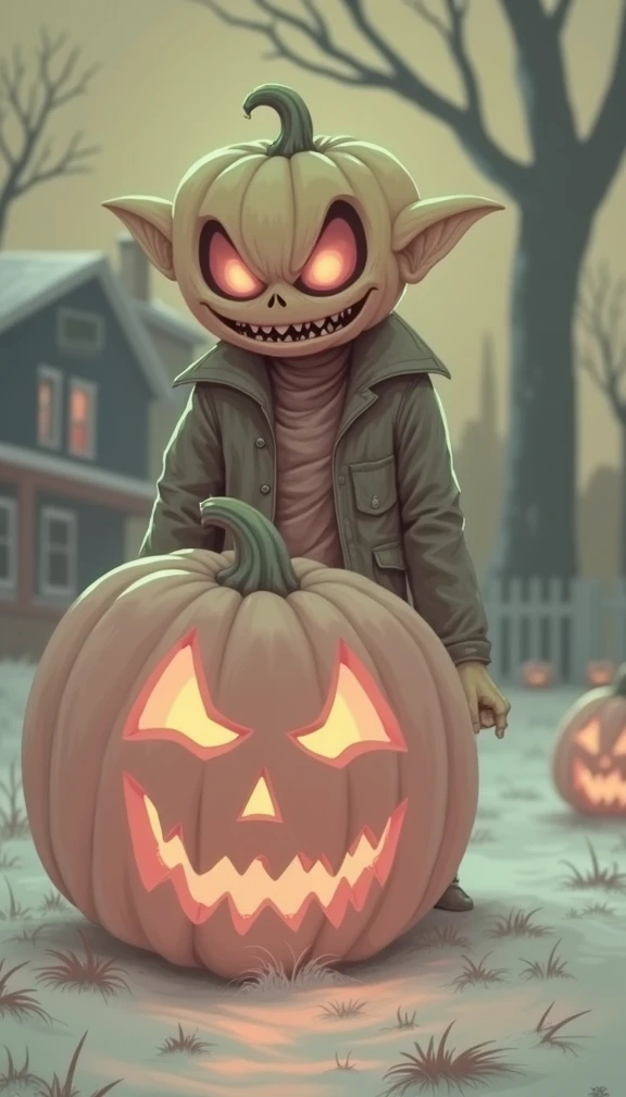 Portrait of the creature, pumpkin-head. He has small ears and orange eyes and wears buttoned up dirty green jacket. His head is pale yellow and he has large teeth. He stares at the viewer with malevolent intent and stands outdoors on Halloween night amongs...