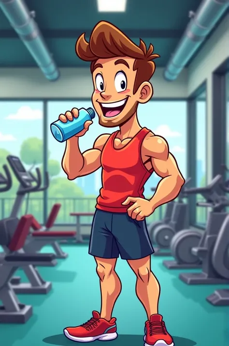 Cartoon man in the gym hydrating himself 