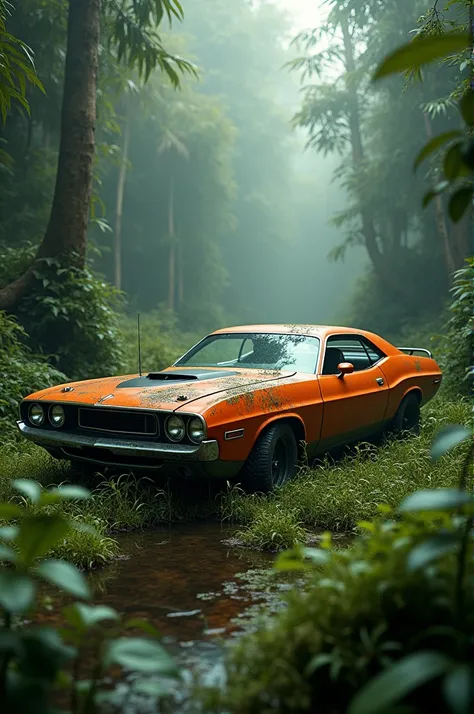 A old muscle car standing in middle of nowhere with grass grown on it surrounded by dence jungle hacs orange colour solid body 