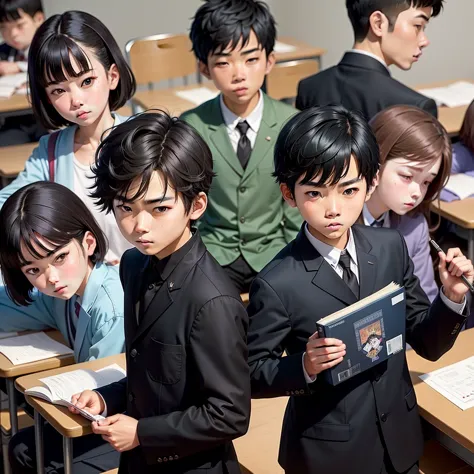 (15years old),a japanese boy,short black hair,serious expression, holding a textbook,some classmates in the classroom in his bac...