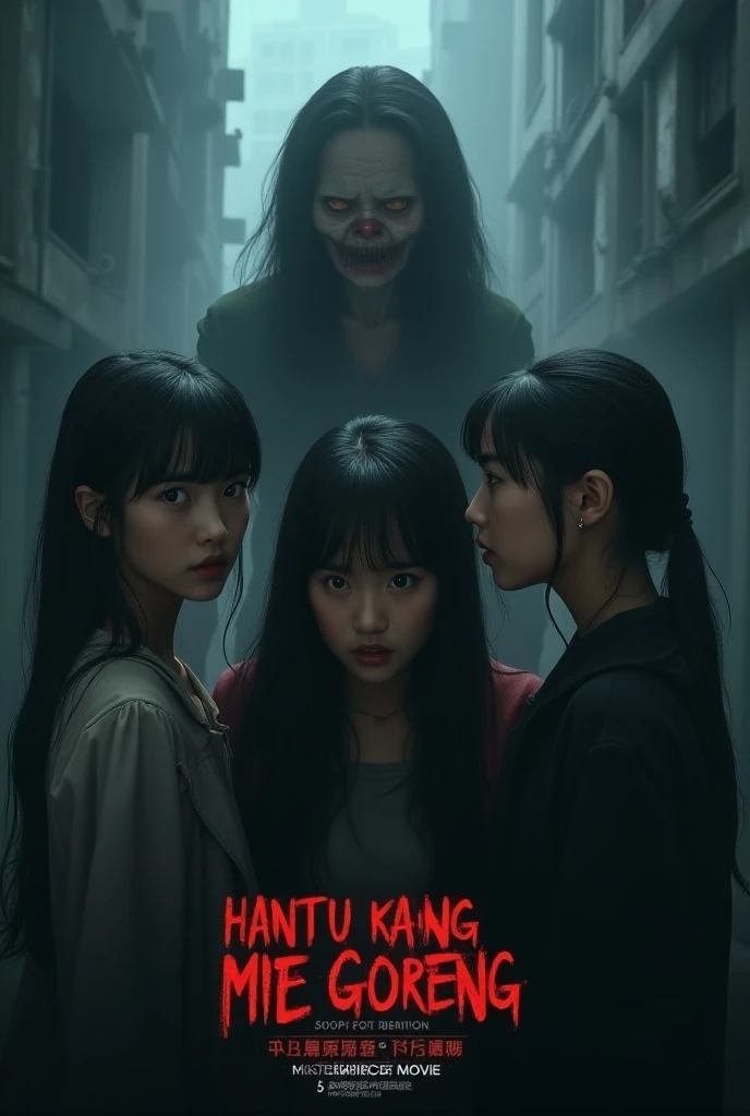 two woman ponytale black hair stand with a man short under cut black hair middle them, three of them was stunned surprize facial expresion, sweating, on behind them a creature of zombie hair spaggetti-shaped face trying to scaring them, natural, funny, stu...