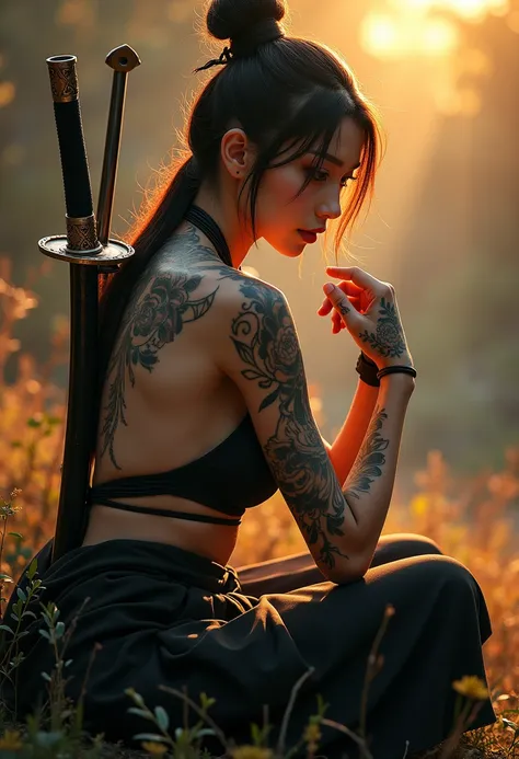 Arafed woman sitting on the ground with a sword and tattoo, Slim Yakuza Girl, katanas strapped to her back, Oriental tattoos, She holds a katana sword, female Samurai, Yakuza tattoo on the body, of a Taiwanese girl with tattoos, Full body tattoos, Full bod...