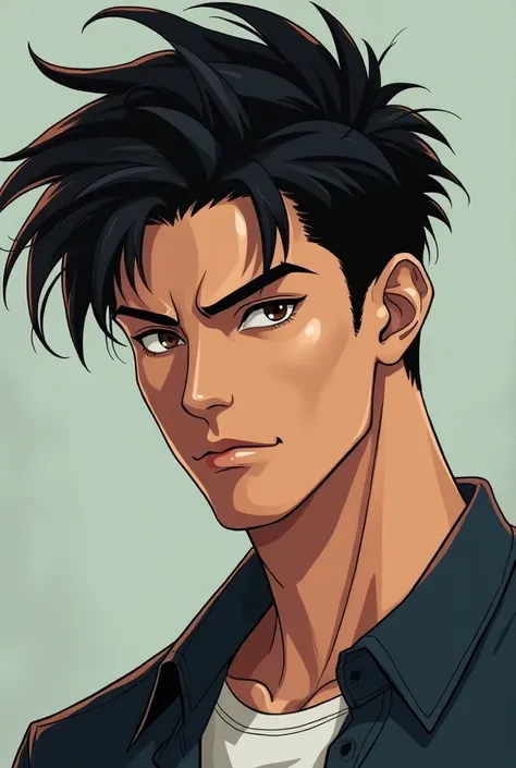 a handsome man,  black hair ,  dark brown eye color, casual clothes, a slight appearance of a bad boy and a workholic.  The anime-style image 