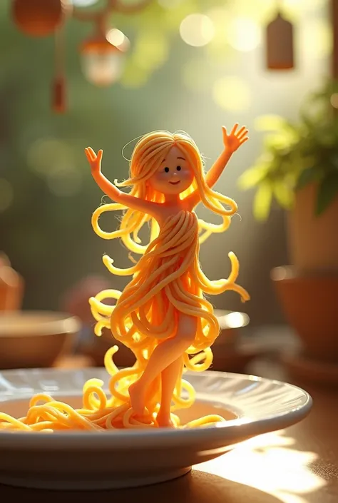 : A whimsical miniature figure composed of delicately arranged noodles, poised in a carefree dance on the rim of a plate, white shiny plate, set on a table, vibrant kitchen backdrop, where dappled sunlight filters through the canopy above, casting intricat...