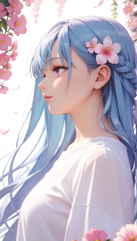 Best Quality, masterpiece,  extremely detailed,   detailed background  ,  1 girl, Alone, Long Hair, flower,  blue hair , White background,  Pink Flowers ,  simple background ,  profile,  upper body, shirt, white shirt, White Flower, bow, bangs,  purple eye...