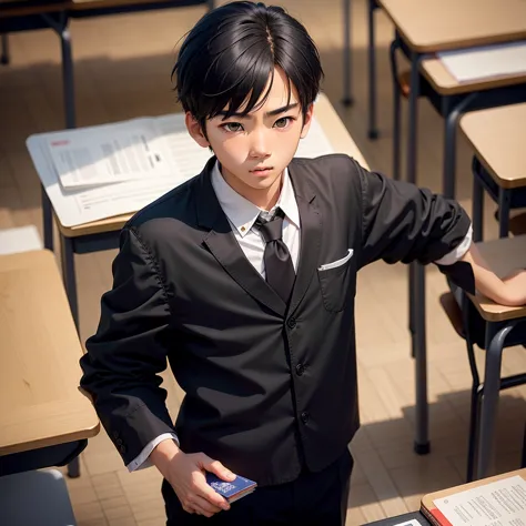 solo focus,(15years old),Japanese boy,short black hair,serious expression, holding a textbook,some classmates in the classroom in his background,wearing japanese black school uniform called "gakuran",