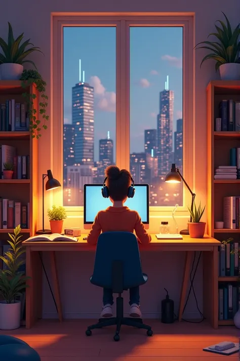 Create an image featuring a character sitting at a desk with headphones on in a cozy room should have elements such as books decorations and a window showing either a cityscape or natural.
The atmosphere should be calm and inviting suitable for studying or...