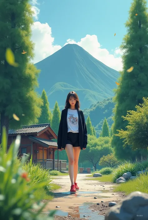 A park surrounded by big trees green sky blue there is a beautiful mountain hill there is a wooden house hut which is very artistic a beautiful korean woman posts a photo wearing a black switer daleman white t-shirt logo ART CREATIVE black shorts red shoes...