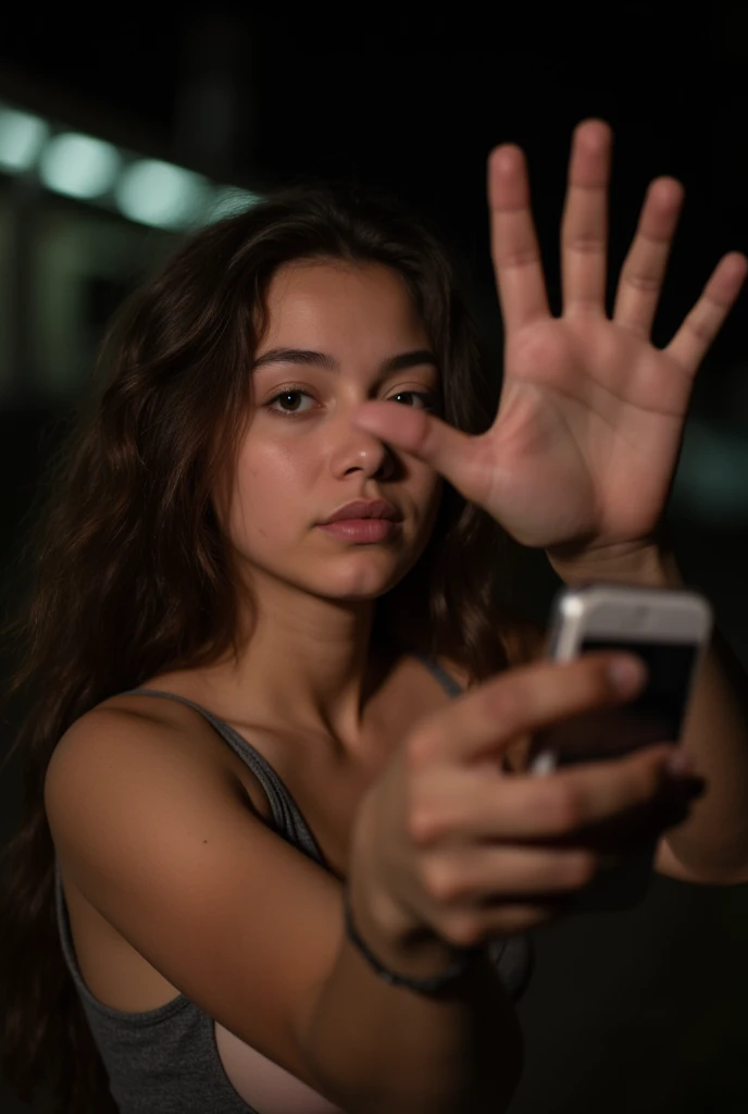 a selfie which is taken by a slightly reluctant and shy american teenage girl at night, which is done by her using one of her hands to hold a cellphone with which she is employing in the photo capturing of her holding up three fingers; which are her thumb,...